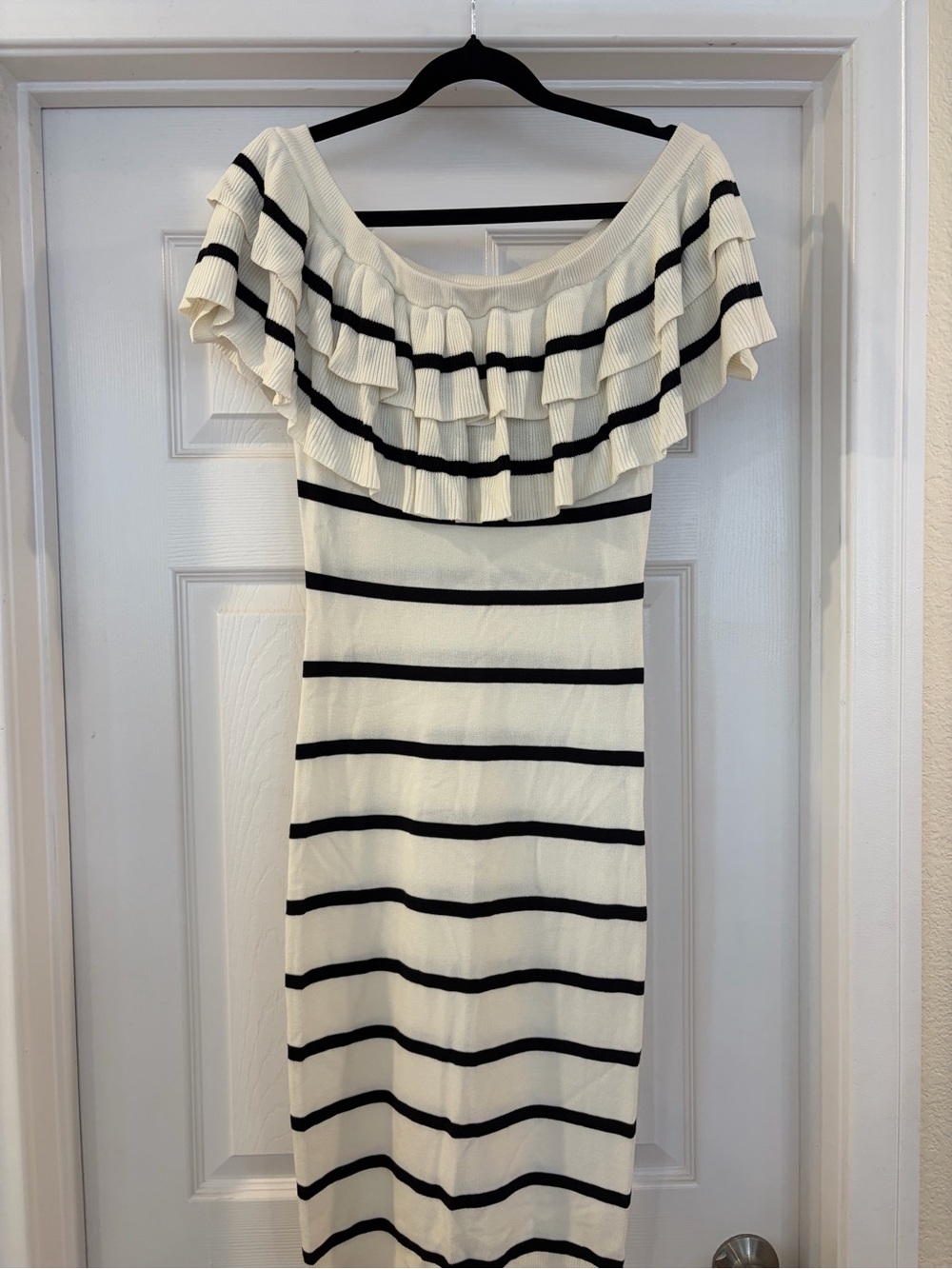 Line & Dot Cream and Black One-Shoulder Ruffle Stripe Dress